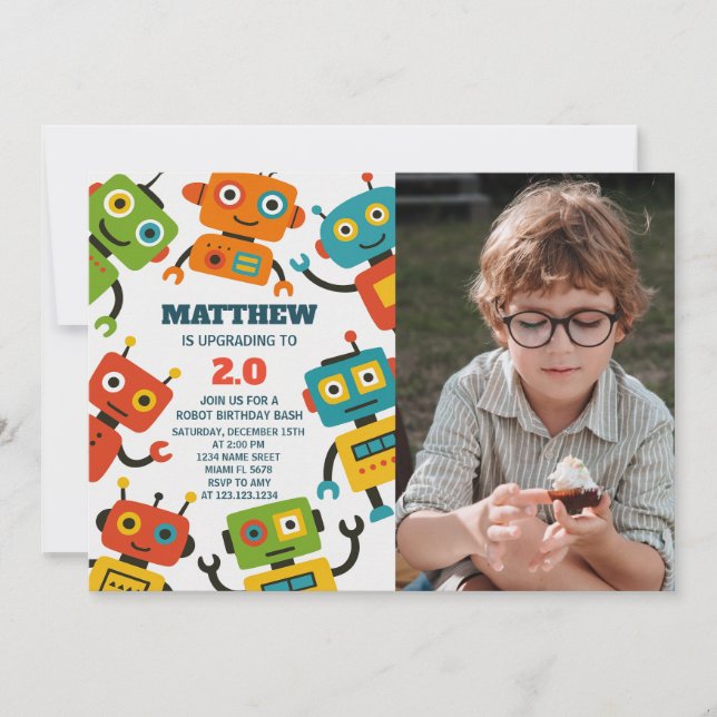 Editable Robot Birthday Inbjudan med foto (Framsida)