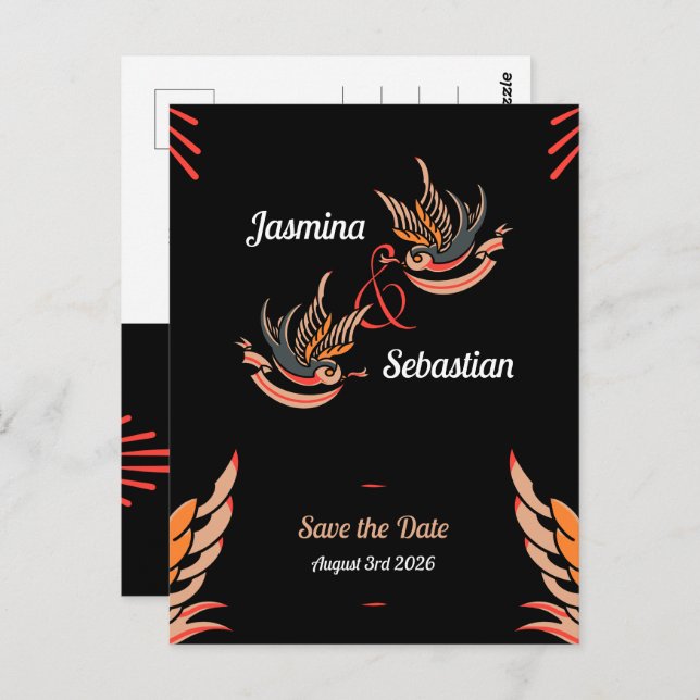 Editable Rockabilly Sväljer Bröllop spara datum Vykort (Fram/baksida)