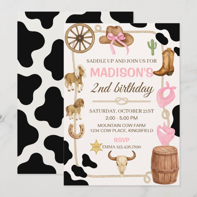 Editable Rodeo Cowgirl Birthday-inbjudan Inbjudningar (Fram/baksida)