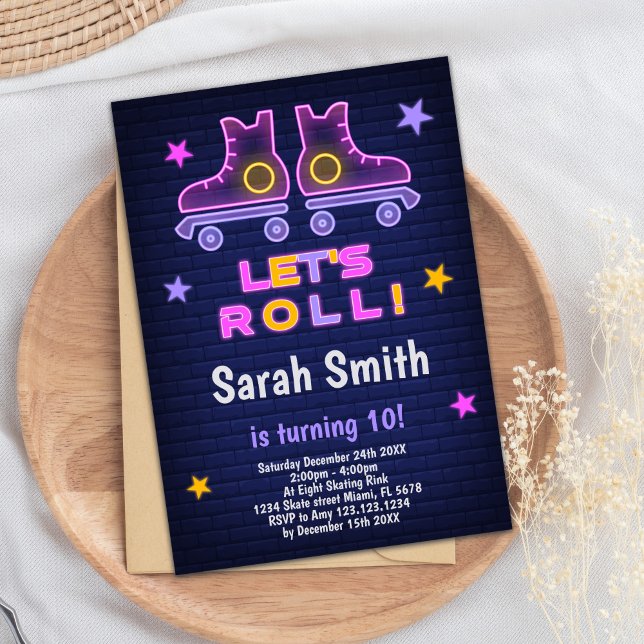 Editable Roller Disco Party Inbjudan (Neon Pink Purple Skating Birthday Invitations)