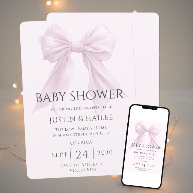 Editable Rosa Bow Girl Coquette Baby Shower Inbjudningar (Skapare uppladdad)
