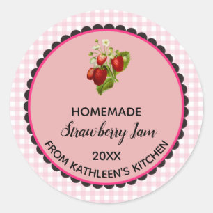 Editable Rosa Gingham Strawberry Sylt Label Sticke Runt Klistermärke