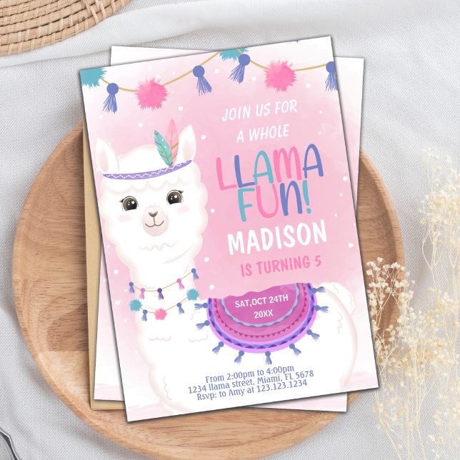 Editable Rosa & Lila Llama Birthday Inbjudningar (Pink Purple Llama Birthday Invitations)