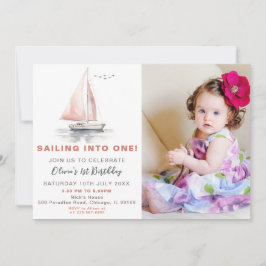 Editable Rosa Sailboat-foto Birthday Inbjudan