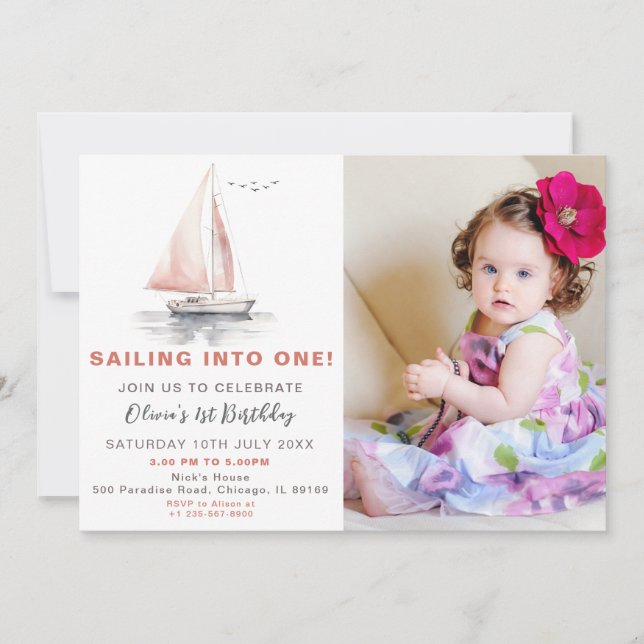 Editable Rosa Sailboat-foto Birthday Inbjudan (Framsida)