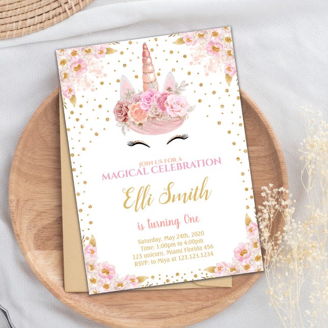 Editable Rosa Unicorn Birthday Inbjudningar (Unicorn Pink Birthday Invitations)