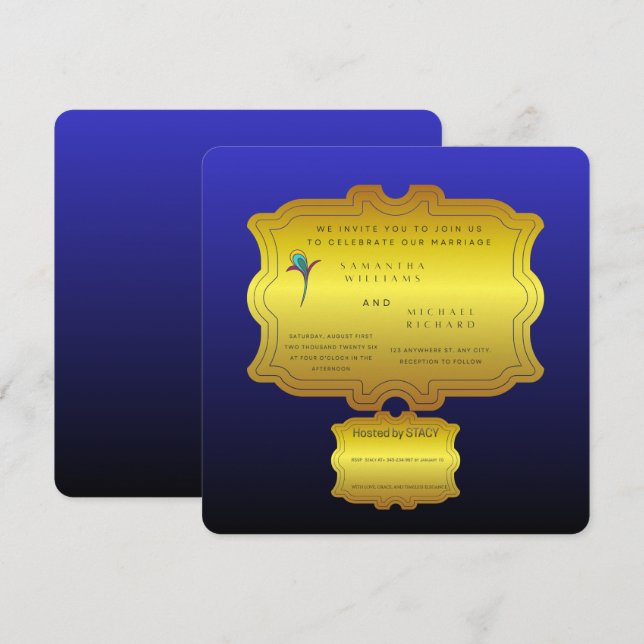 Editable Royal Blue Elegant Wedding Invite | Custo Inbjudningar (Fram/baksida)