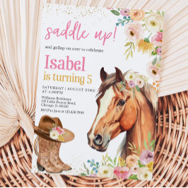 Editable Saddle Up Rosa Horse CowGirl Birthday Inv Inbjudningar