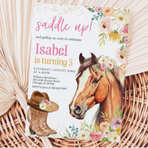 Editable Saddle Up Rosa Horse CowGirl Birthday Inv Inbjudningar