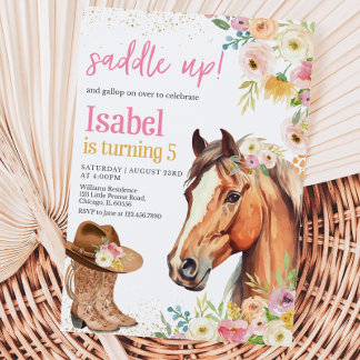 Editable Saddle Up Rosa Horse CowGirl Birthday Inv Inbjudningar