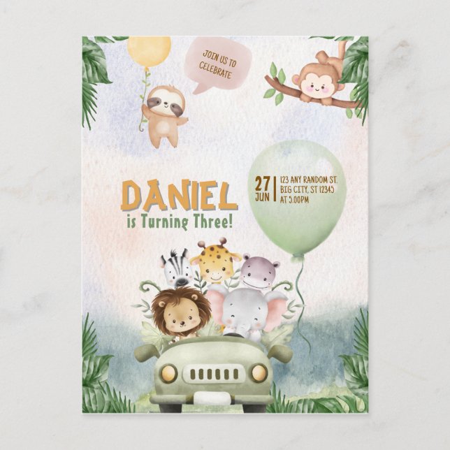Editable Safari Birthday Invitation Inbjudan Vykort (Framsida)
