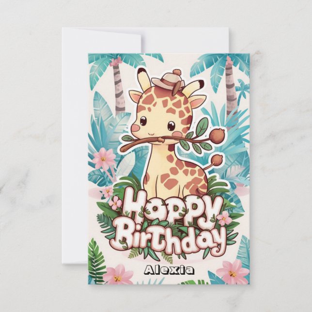 Editable Safari Giraffe Birthday Kort (Framsida)
