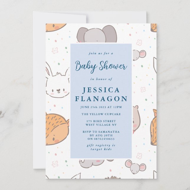 Editable Safari Jungle Animal Blue Baby Shower Inbjudningar (Framsida)