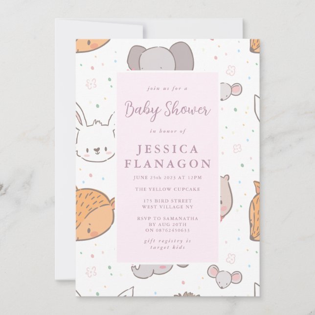 Editable Safari Jungle Animal Rosa Baby Shower Inbjudningar (Framsida)