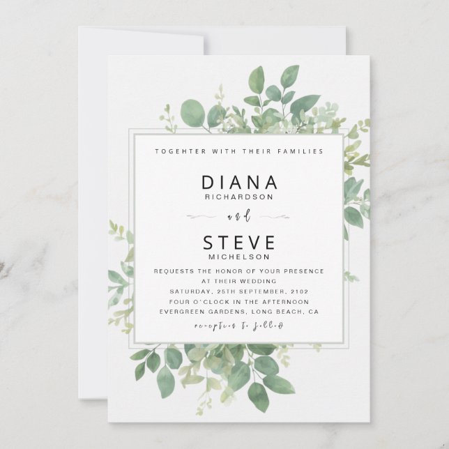 Editable Sage Green Botanical Frame Wedding Inbjudningar (Framsida)