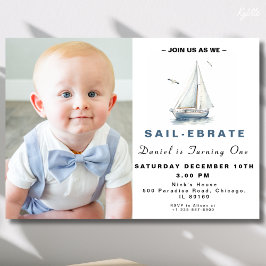 Editable Sailboat Nautical Photo Birthday Inbjudan