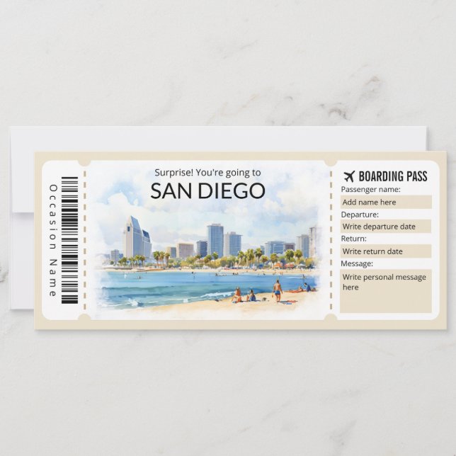 Editable San Diego Flygplan biljett, Kalifornien R Inbjudningar (Framsida)