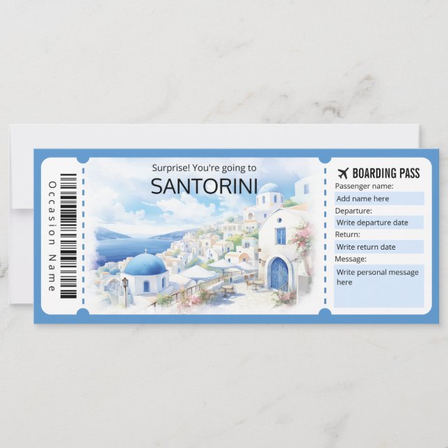 Editable Santorini Flygplan biljett, Grekland Resa Inbjudningar (Framsida)