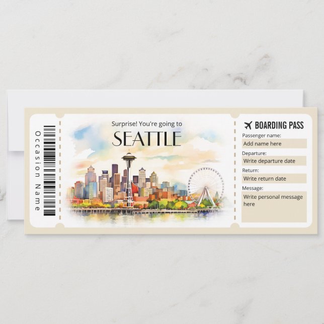 Editable Seattle Flygplan Boarding Pass Biljett Inbjudningar (Framsida)