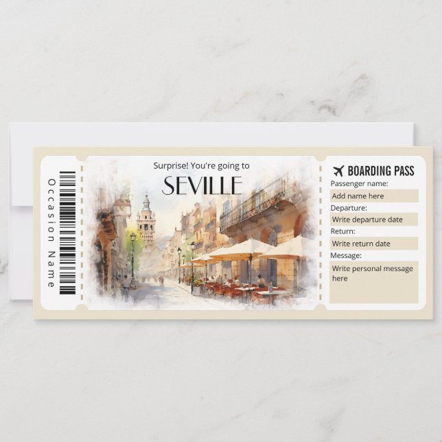 Editable Sevilla Boarding Pass Flygplan biljett Inbjudningar (Framsida)
