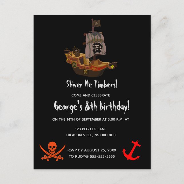 Editable Shiver Me Timbers Pirat Birthday Inbjudan Vykort (Framsida)