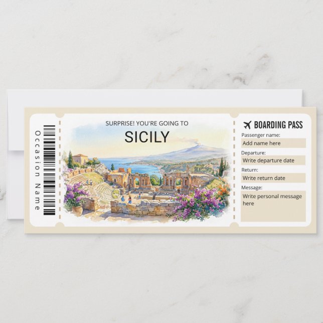 Editable Sicily Trip Boarding Pass Ticket Inbjudningar (Framsida)