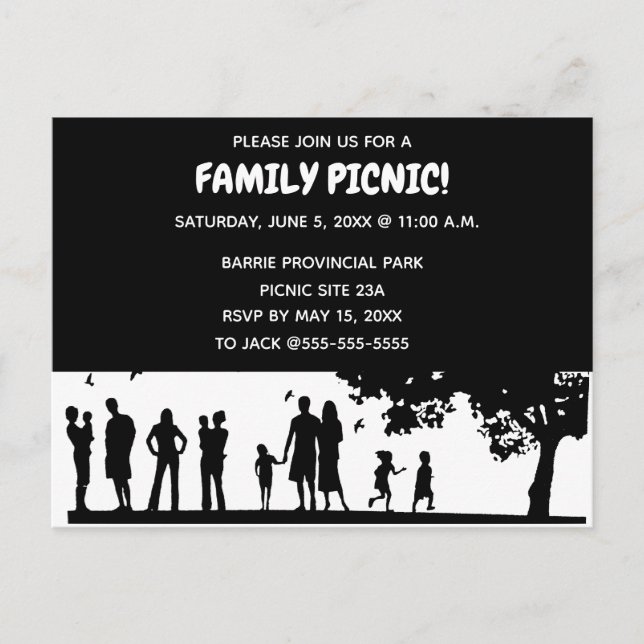 Editable Silhouette-familjens Picnic-inbjudan Inbjudan Vykort (Framsida)