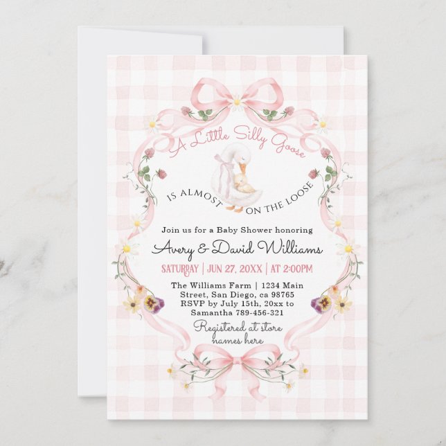 Editable Silly Goose Baby Shower Pink Bow Inbjudningar (Framsida)