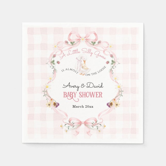Editable Silly Goose Baby Shower Pink Bow Pappersservett (Framsidan)