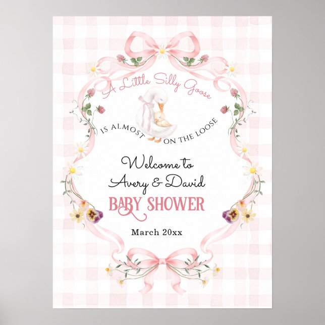 Editable Silly Goose Baby Shower Pink Bow Poster (Framsidan)