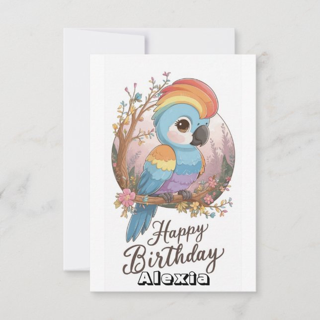 Editable Skogen Parrot Digital Birthday Kort (Framsida)