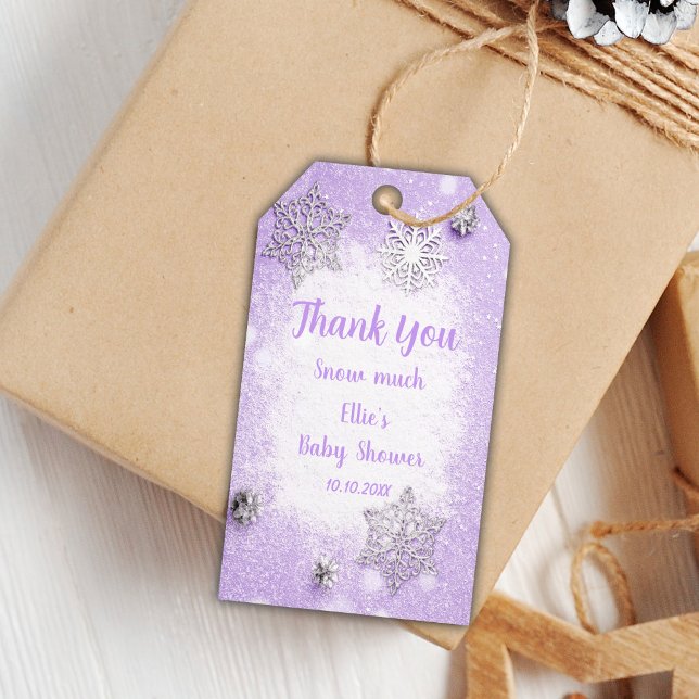 Editable Snowflake-Märkre för Flicka Presentetikett (Winter Purple BabyShower Favor Tags)