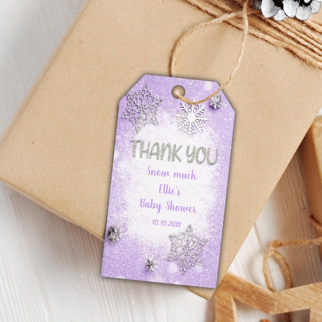 Editable Snowflake-Märkre för Flicka Presentetikett (Silver Winter Purple BabyShower Favor Tags)
