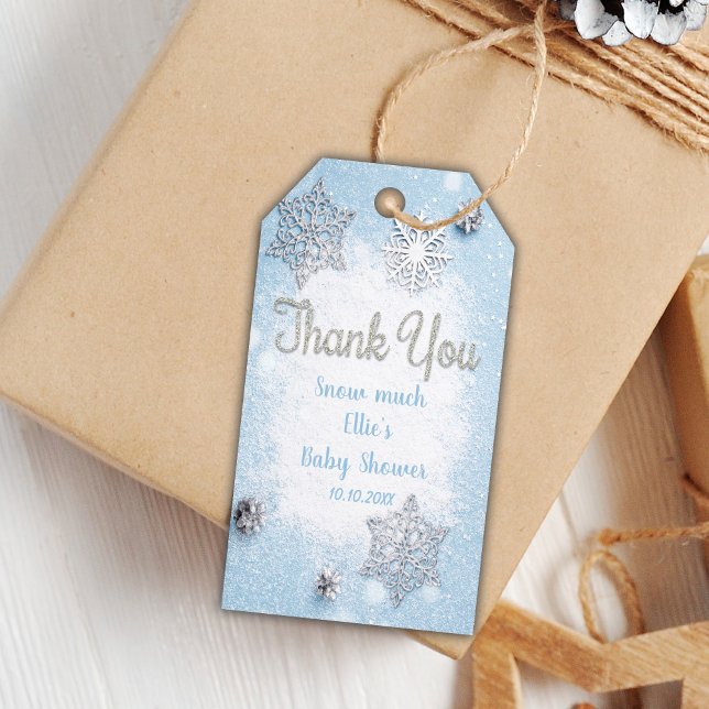 Editable Snowflake-Märkre för Pojke Presentetikett (Silver Winter Blue BabyShower Favor Tags)
