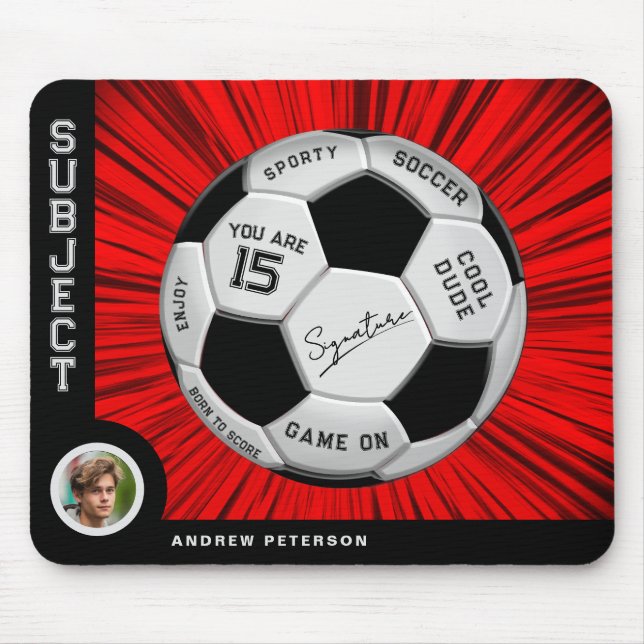 Editable Soccer Ball Modern Red Milestone Birthday Musmatta (Framsidan)