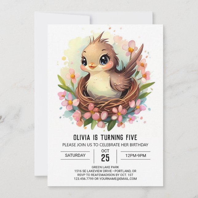 Editable Songbird Birthday Inbjudningar (Framsida)
