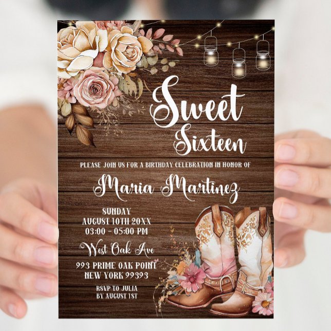 Editable Southwest rustiic cowgirl Sweet sixteen Inbjudningar (Skapare uppladdad)