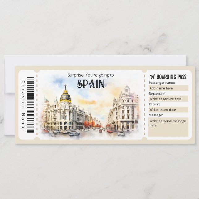 Editable Spanien Flygplan biljett, Spanien Resa Inbjudningar (Framsida)