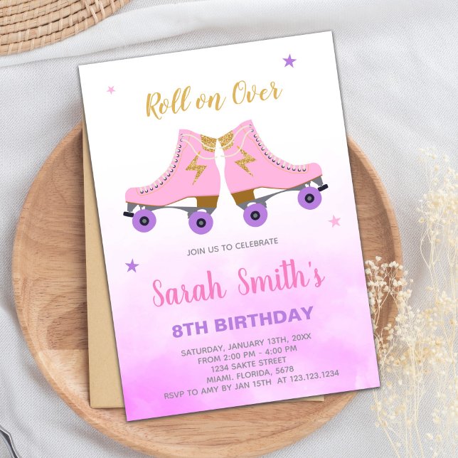 Editable Sparkly Roller Skate Party Inbjudan (Pink Glitter Skating Birthday Invitations)