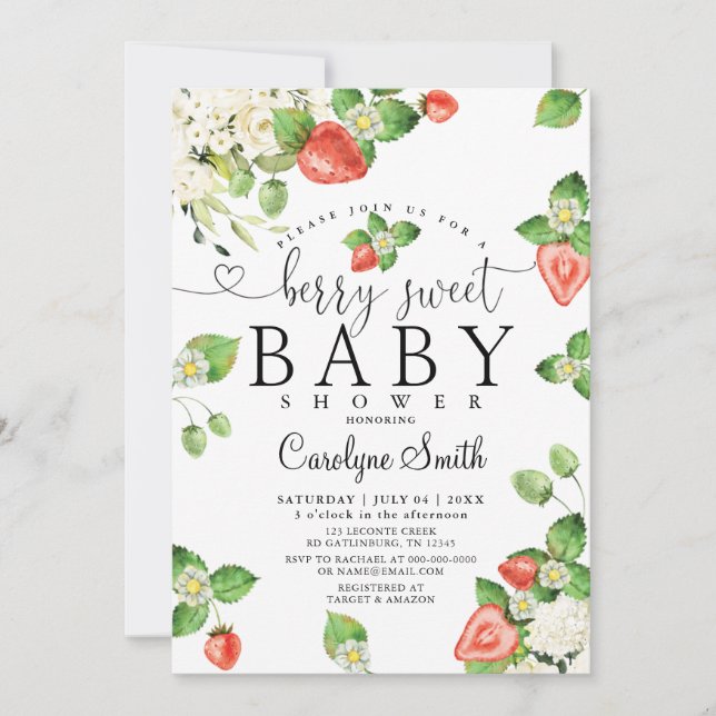 Editable Strawberry Berry Sweet Baby Shower Inbjudningar (Framsida)