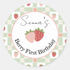 Editable Strawberry Gingham 1st Birthday Favor Runt Klistermärke