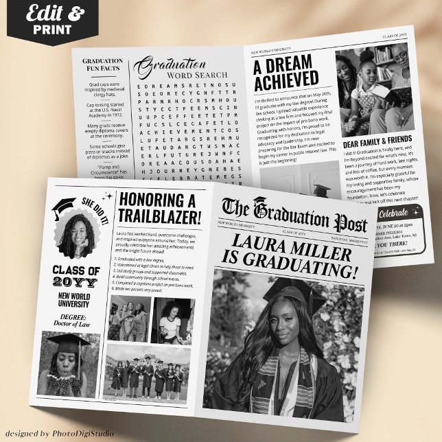 Editable Studenten Newspaper Notification Inbjudan (Editable Graduation Newspaper Announcement 4 pages card print, Unique Graduation Invite with Photos)