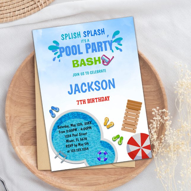 Editable Summer Simma Bash Inbjudan för barn (Pool Party Pool Birthday Invitations)
