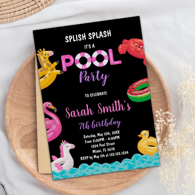 Editable Summer Simma Party Inbjudan (Black Red Green Pool Birthday Invitations)
