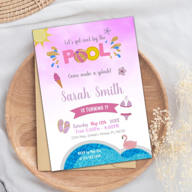 Editable Summer Simma Party Inbjudan för flickor (Purple Pool Birthday Invitations)