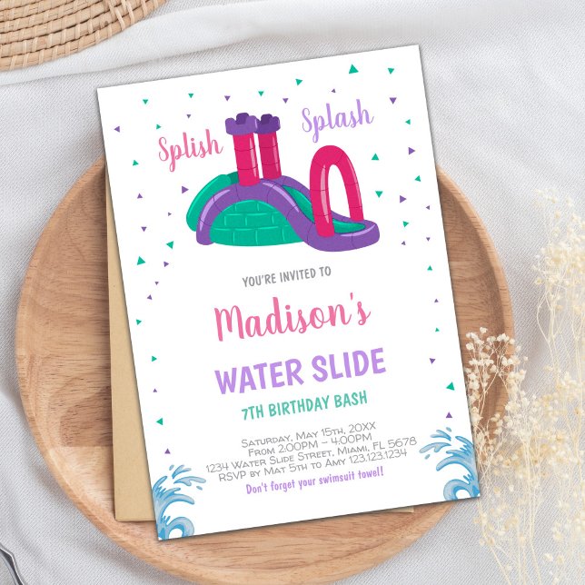 Editable Summer Stänk Party Inbjudan för flickor (Purple Pink Water Slide Birthday Invitations)