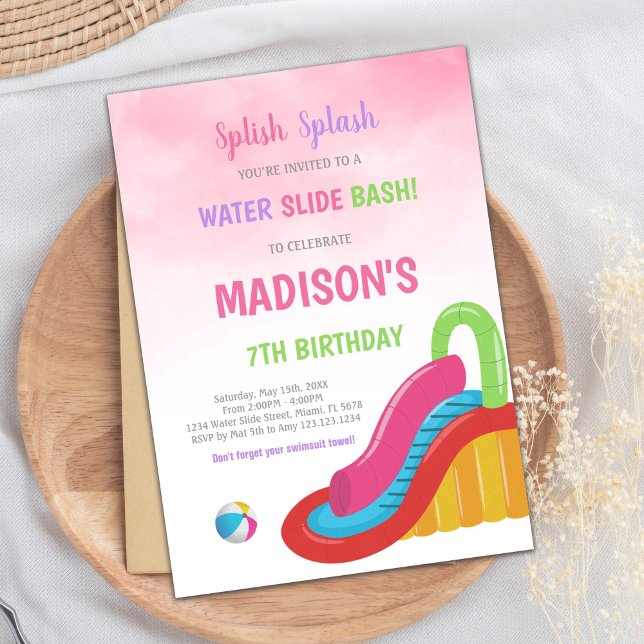 Editable Summer Stänk Party Inbjudan för flickor (Pink Water Slide Birthday Invitations)