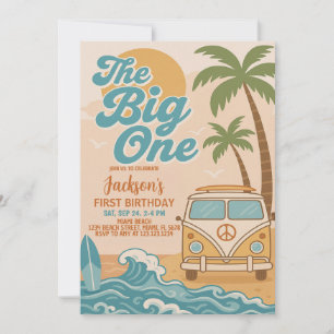 Editable Surfing the Big One Boy 1a Birthday Inbjudningar