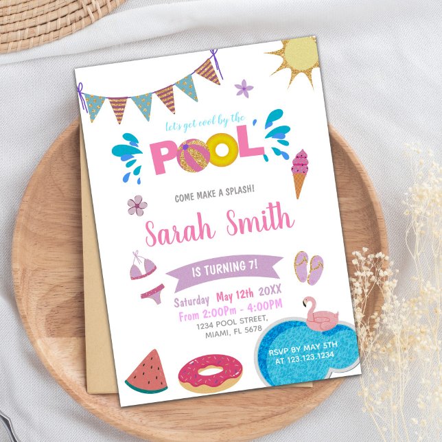 Editable Sweet & Magic Summer Party Inbjudan (Unicorn Donut Pink Pool Birthday Invitations)