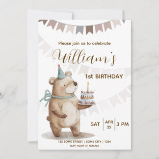 Editable Teddy Bear First Birthday Invitation  Inbjudningar